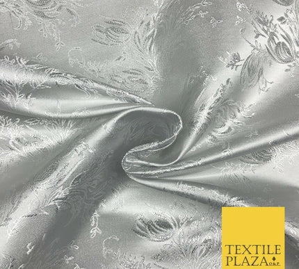SILVER Feather Flowers Ornamental Brocade Dress Fabric Metallic Woven Fancy 1294
