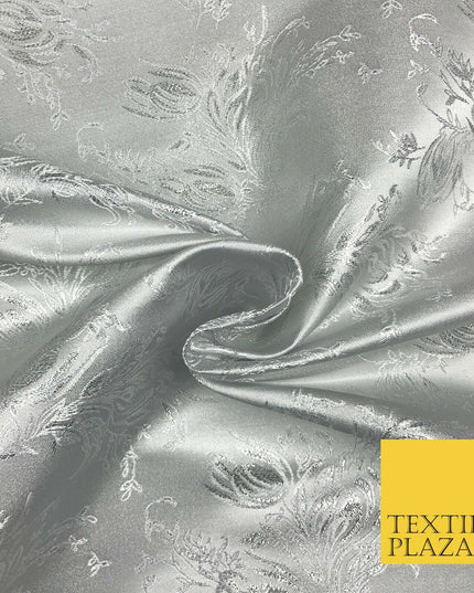 SILVER Feather Flowers Ornamental Brocade Dress Fabric Metallic Woven Fancy 1294