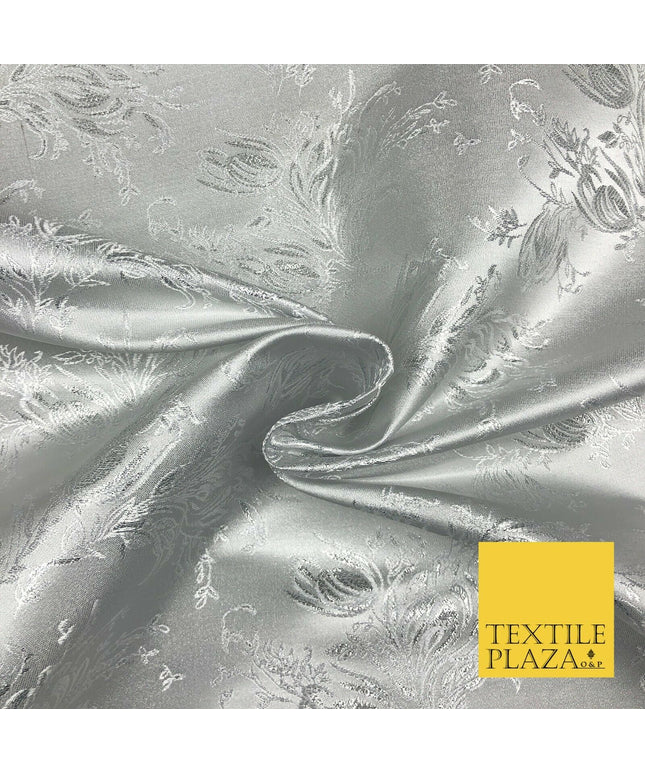 SILVER Feather Flowers Ornamental Brocade Dress Fabric Metallic Woven Fancy 1294