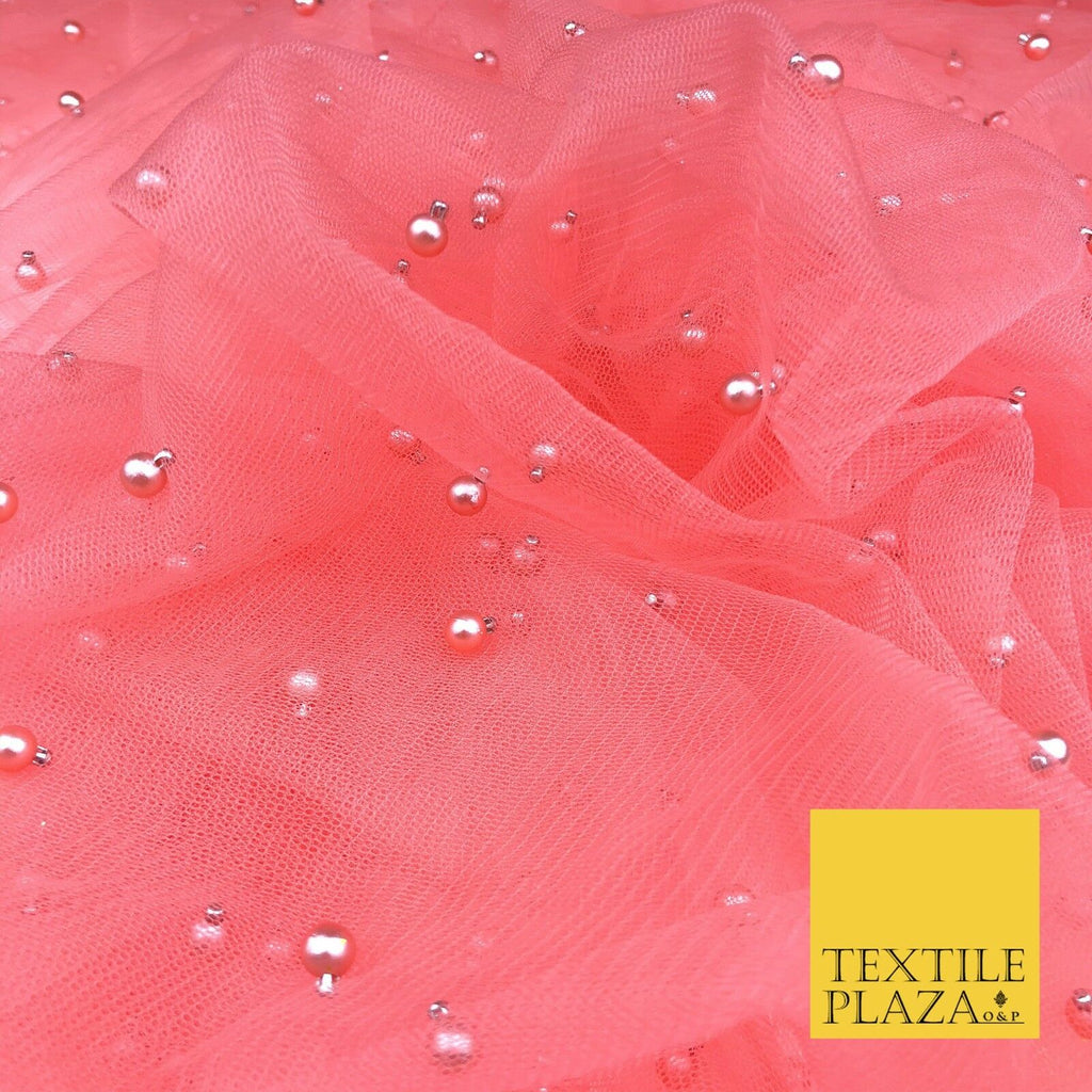 CORAL SALMON PINK Studded Pearl Mesh Net Fabric Bridal Sheer Craft Dress 926