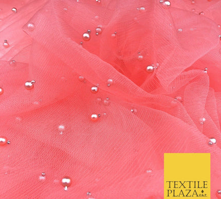 CORAL SALMON PINK Studded Pearl Mesh Net Fabric Bridal Sheer Craft Dress 926
