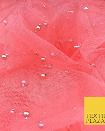 CORAL SALMON PINK Studded Pearl Mesh Net Fabric Bridal Sheer Craft Dress 926
