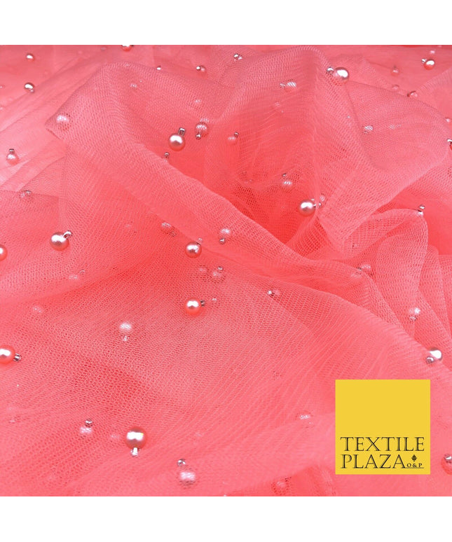 CORAL SALMON PINK Studded Pearl Mesh Net Fabric Bridal Sheer Craft Dress 926