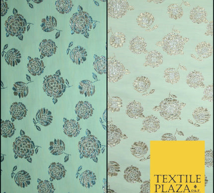 Mint Green Ivory Blue Metallic Gold Roses Textured Brocade Jacquard Dress Fabric
