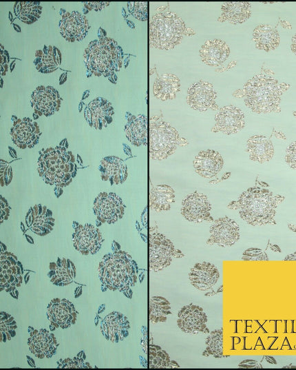 Mint Green Ivory Blue Metallic Gold Roses Textured Brocade Jacquard Dress Fabric