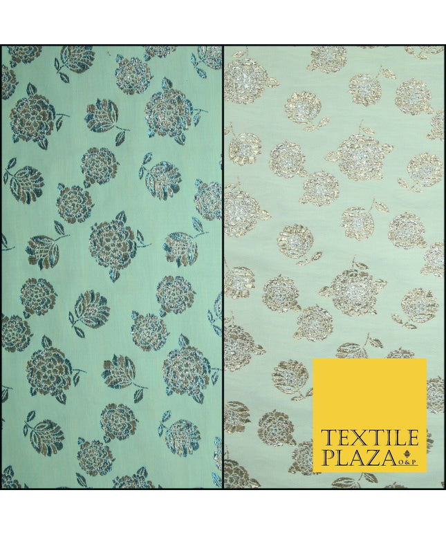 Mint Green Ivory Blue Metallic Gold Roses Textured Brocade Jacquard Dress Fabric