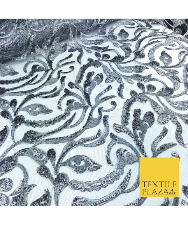 SILVER / GREY Swirl Sequin Net Lace Fancy Botanical Embroidered Net KB263