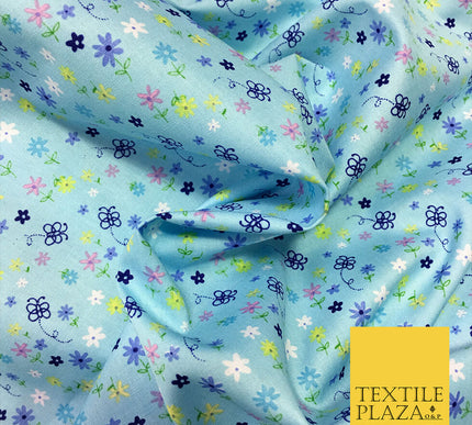 Sky Blue Cotton Flower Butterfly Printed Fabric Material- Pretty Craft Dress 45"
