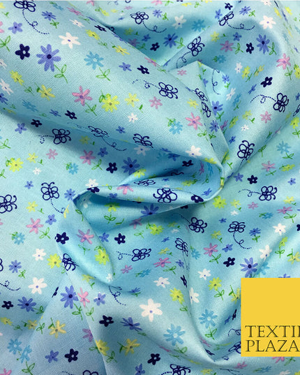 Sky Blue Cotton Flower Butterfly Printed Fabric Material- Pretty Craft Dress 45"