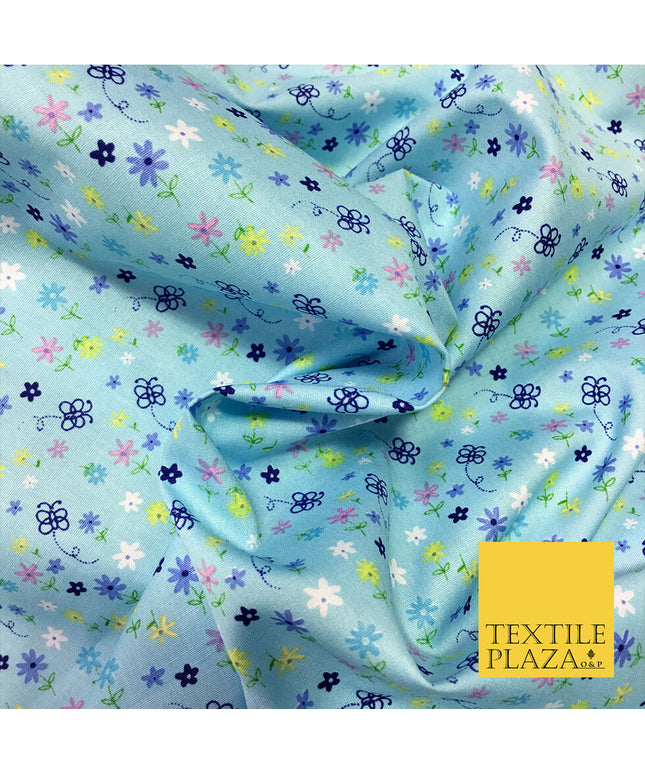 Sky Blue Cotton Flower Butterfly Printed Fabric Material- Pretty Craft Dress 45"