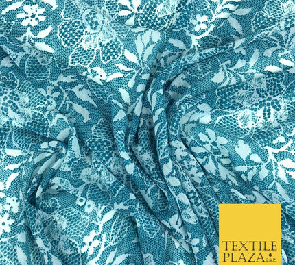 TEAL Floral Webbed Flower Printed Chiffon Dress Scarf Fabric Sheer Craft 58"1343