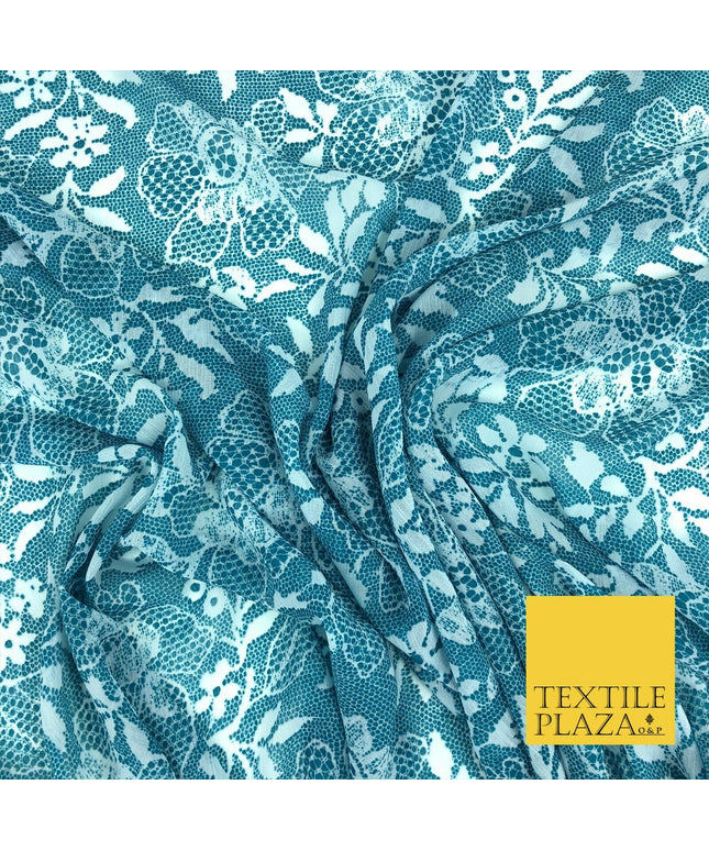 TEAL Floral Webbed Flower Printed Chiffon Dress Scarf Fabric Sheer Craft 58"1343