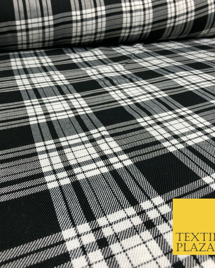 Black White Classic TARTAN PLAID Polyester Viscose Fabric 58" Craft Dress 1290