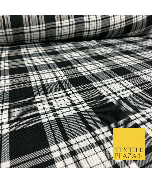 Black White Classic TARTAN PLAID Polyester Viscose Fabric 58" Craft Dress 1290