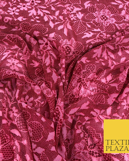 RASPBERRY PINK Floral Webbed Flower Printed Chiffon Dress Scarf Fabric 58" 1344