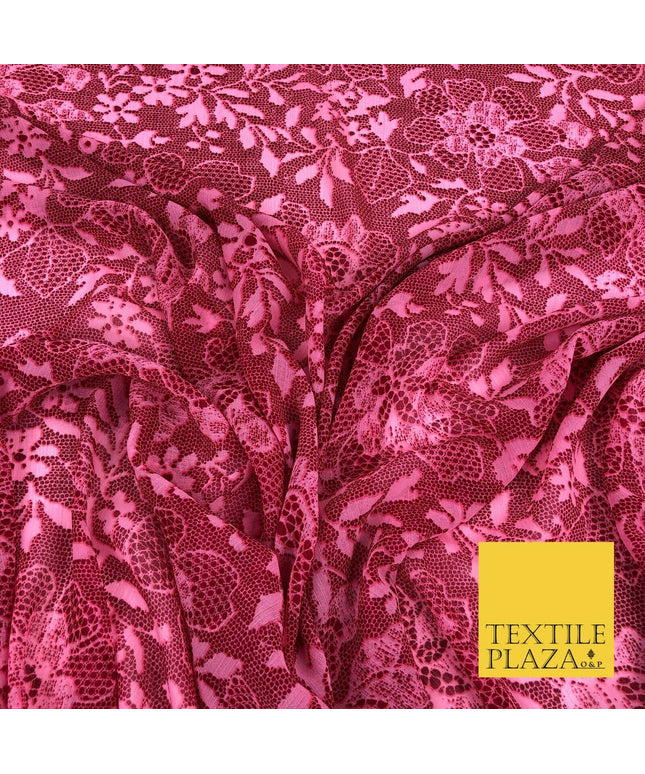 RASPBERRY PINK Floral Webbed Flower Printed Chiffon Dress Scarf Fabric 58" 1344