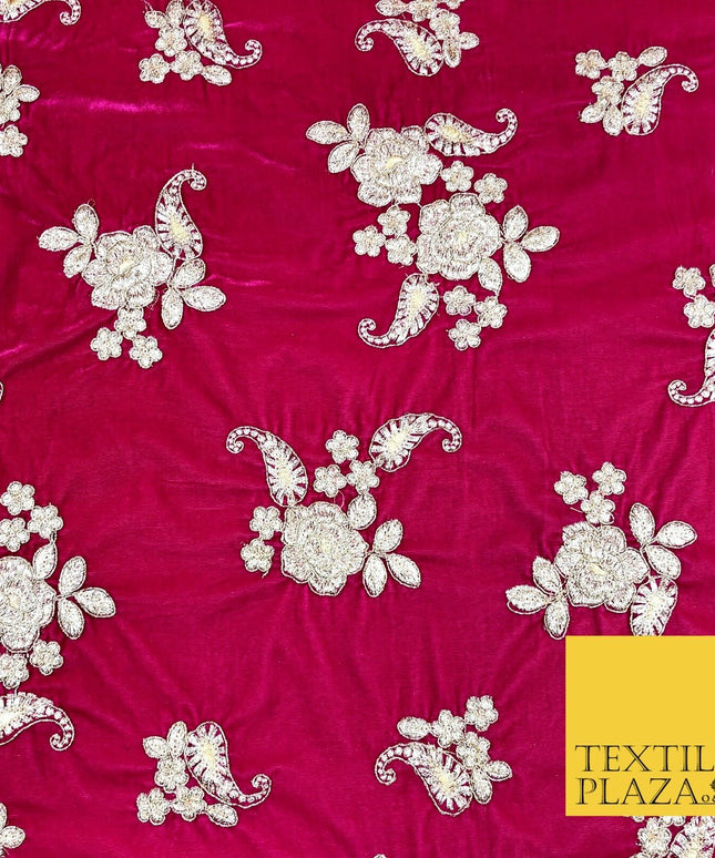 PINK Ornate Floral Paisley Cluster Embroidered Velvet Dress Fabric 1095