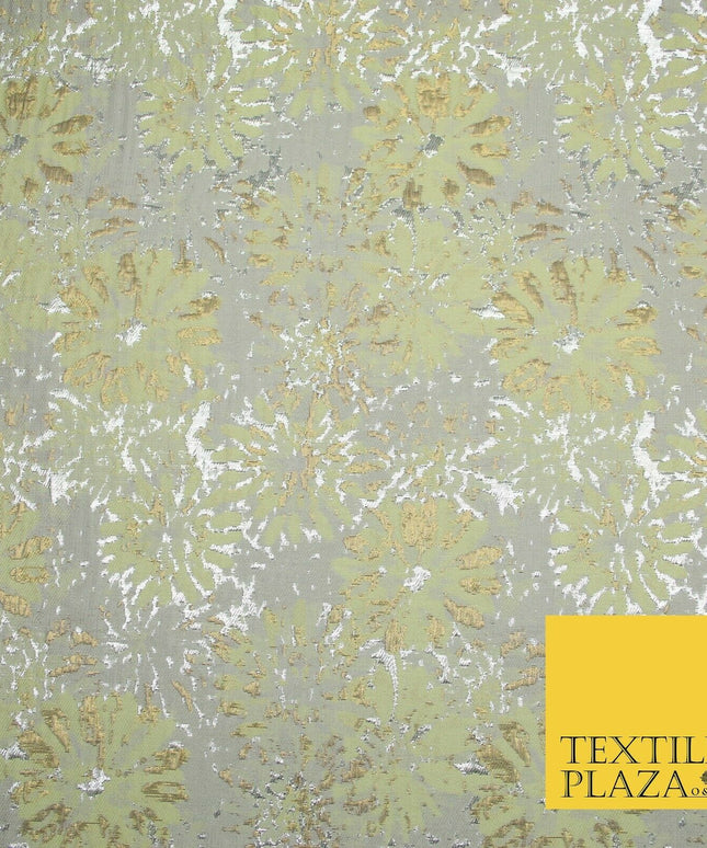 Tea Green Grey Petunia Floral Silver Metallic Brocade Jacquard Dress Fabric 1893