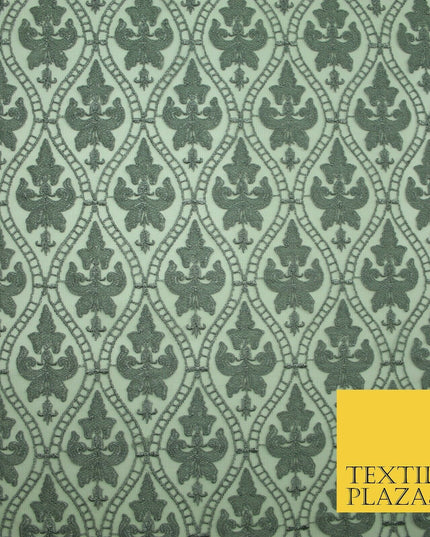Silver Grey Ornate Floral Ogee Embroidered Mesh Net Dress Fabric Craft 2860
