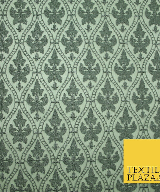 Silver Grey Ornate Floral Ogee Embroidered Mesh Net Dress Fabric Craft 2860