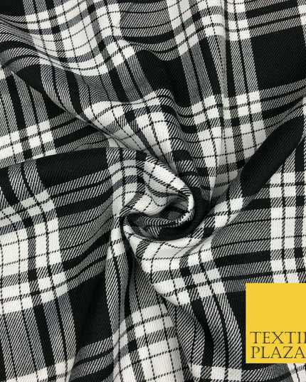 Black White Classic TARTAN PLAID Polyester Viscose Fabric 58" Craft Dress 1290