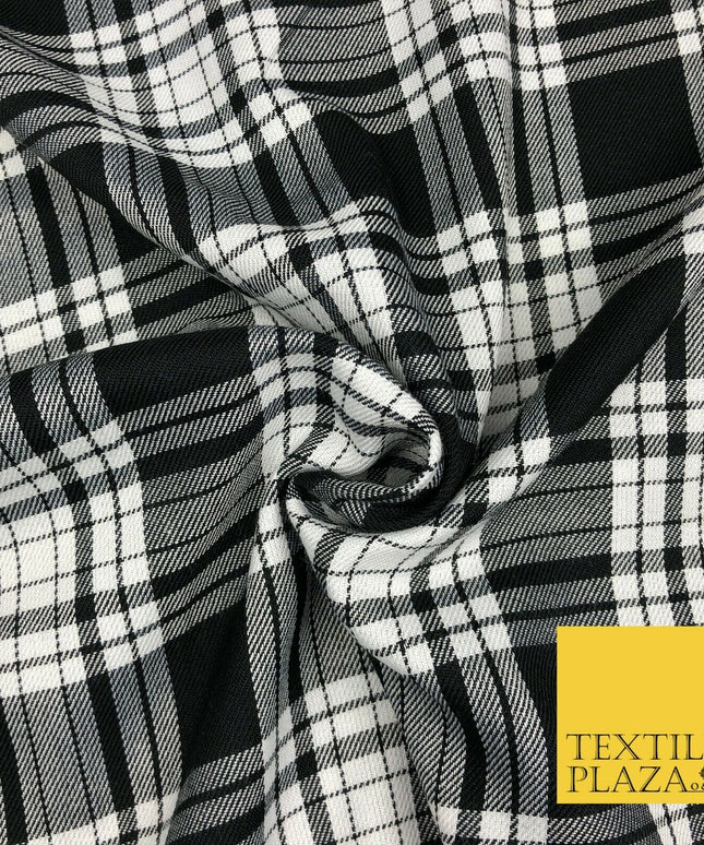 Black White Classic TARTAN PLAID Polyester Viscose Fabric 58" Craft Dress 1290