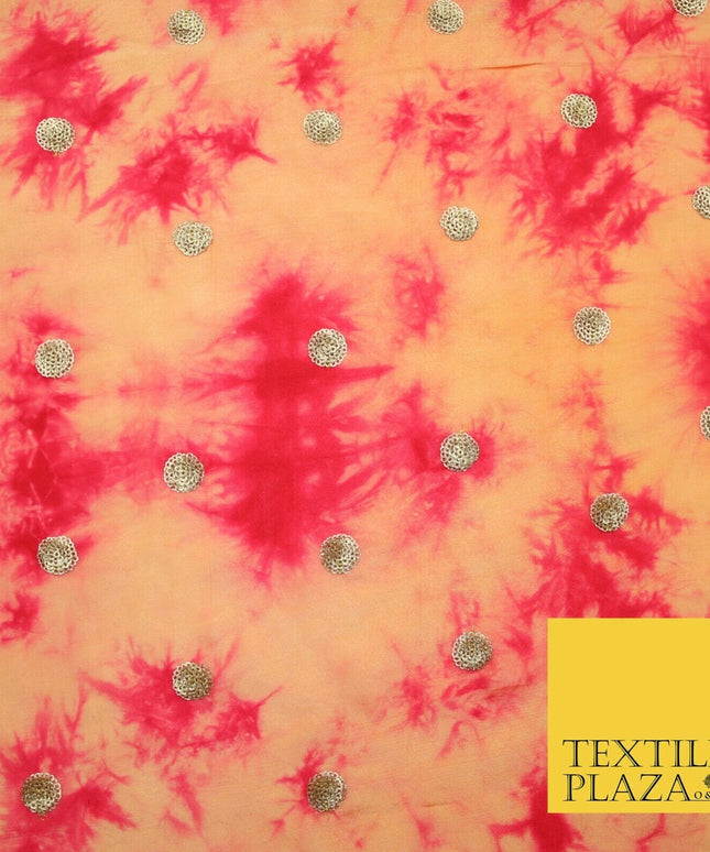 Genuine Tie Dye Two Colour Hand Print Faux Indian Silk Sequin Embroidery Fabric