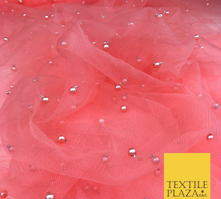 CORAL SALMON PINK Studded Pearl Mesh Net Fabric Bridal Sheer Craft Dress 926