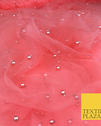 CORAL SALMON PINK Studded Pearl Mesh Net Fabric Bridal Sheer Craft Dress 926