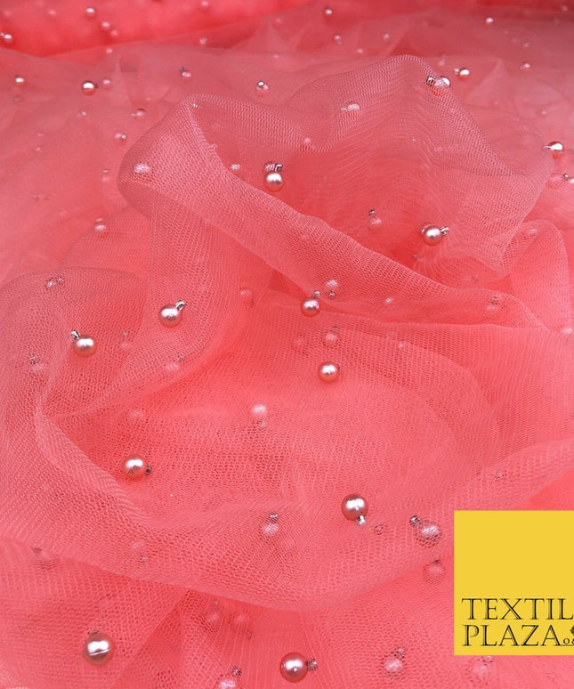 CORAL SALMON PINK Studded Pearl Mesh Net Fabric Bridal Sheer Craft Dress 926
