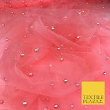 CORAL SALMON PINK Studded Pearl Mesh Net Fabric Bridal Sheer Craft Dress 926