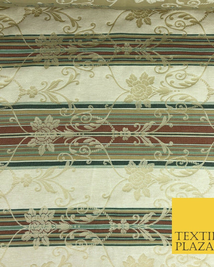 Ivory Cream Ornate Floral Stripes Fabric - Sofa Upholstery Curtain Heavy 1354
