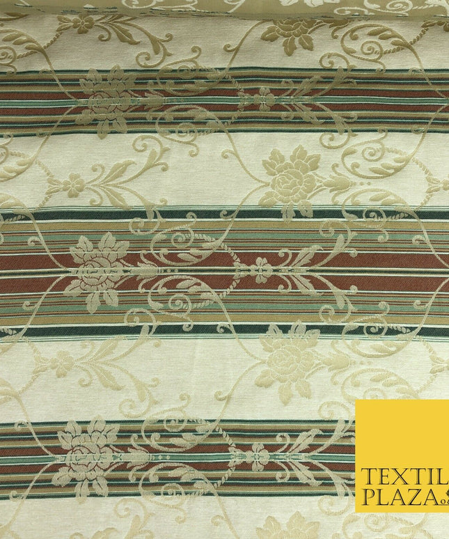 Ivory Cream Ornate Floral Stripes Fabric - Sofa Upholstery Curtain Heavy 1354