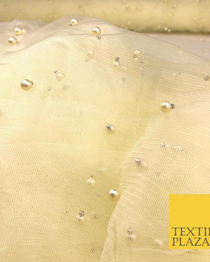 LEMON Studded Pearl Mesh Net Fabric Bridal Soft Sheer Craft Dress 928