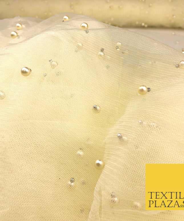 LEMON Studded Pearl Mesh Net Fabric Bridal Soft Sheer Craft Dress 928