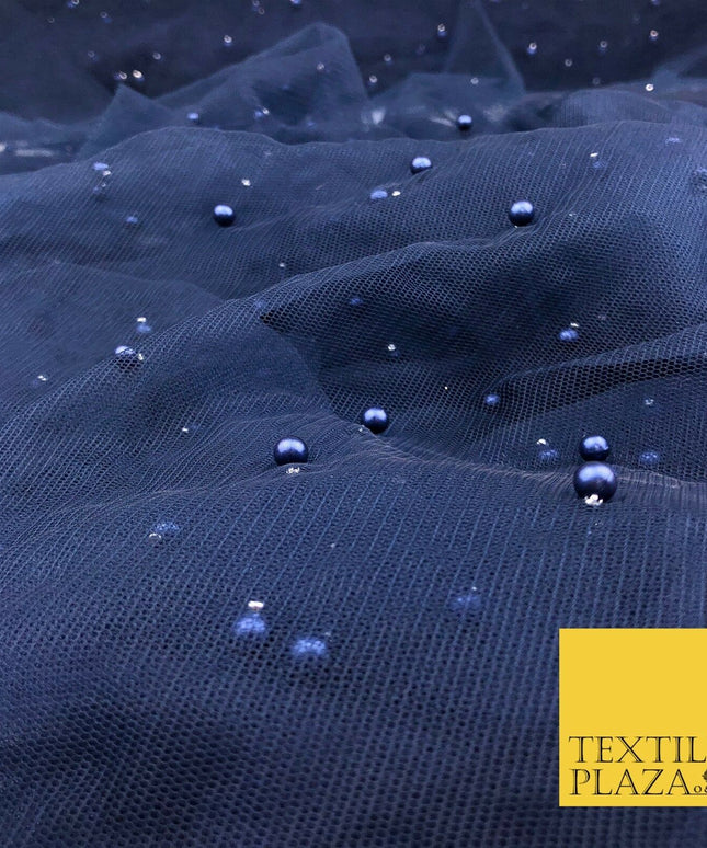NAVY BLUE Studded Pearl Mesh Net Fabric Bridal Soft Sheer Craft Dress 929