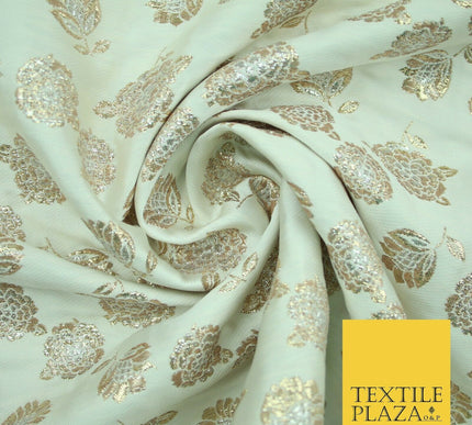 Mint Green Ivory Blue Metallic Gold Roses Textured Brocade Jacquard Dress Fabric
