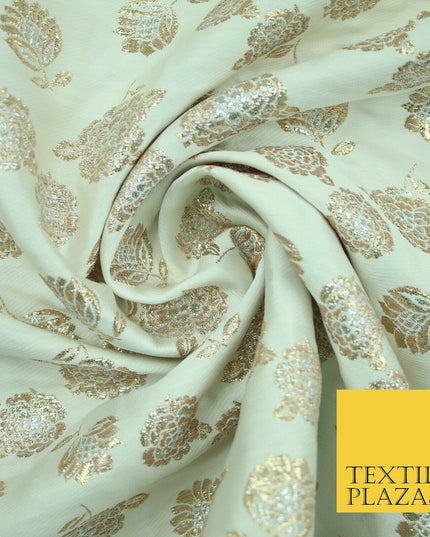 Mint Green Ivory Blue Metallic Gold Roses Textured Brocade Jacquard Dress Fabric
