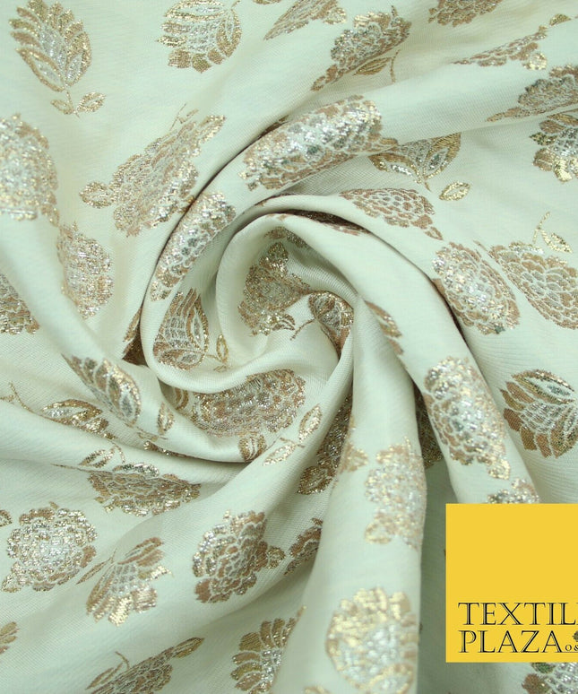 Mint Green Ivory Blue Metallic Gold Roses Textured Brocade Jacquard Dress Fabric