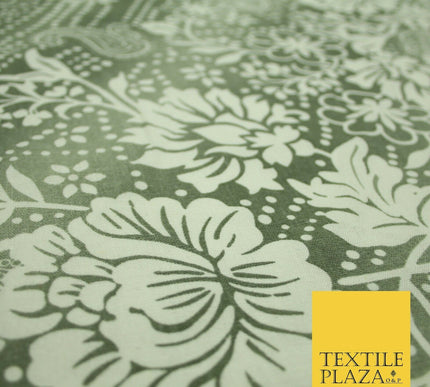 Grey White Shaded Floral Henna Dotted Paisleys Printed Cotton Linen Fabric 2204