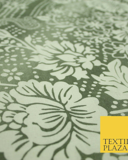 Grey White Shaded Floral Henna Dotted Paisleys Printed Cotton Linen Fabric 2204