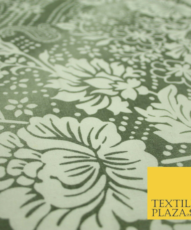 Grey White Shaded Floral Henna Dotted Paisleys Printed Cotton Linen Fabric 2204