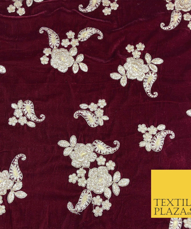 MAROON Ornate Floral Paisley Cluster Embroidered Velvet Dress Fabric 1094