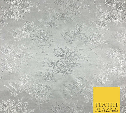 SILVER Feather Flowers Ornamental Brocade Dress Fabric Metallic Woven Fancy 1294