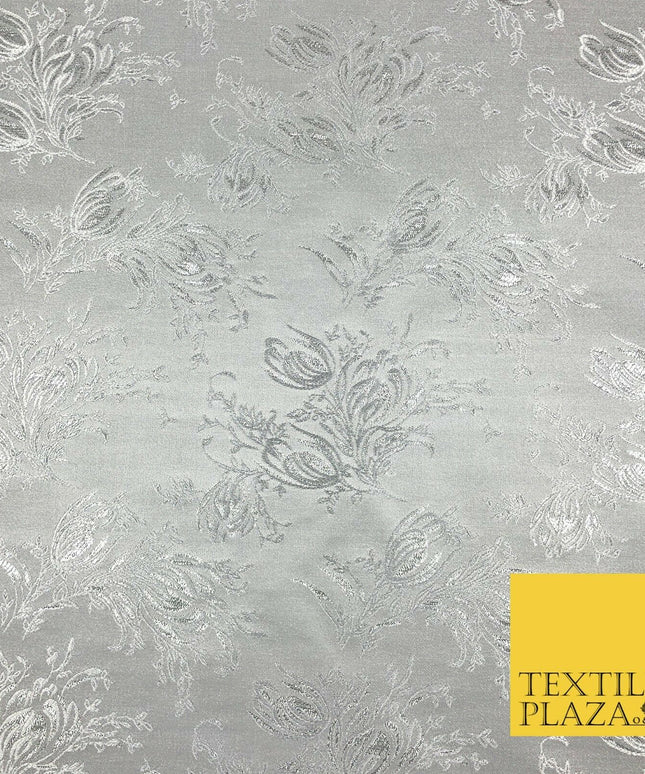 SILVER Feather Flowers Ornamental Brocade Dress Fabric Metallic Woven Fancy 1294