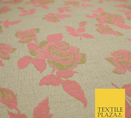 Beige Flo Green Pink Flower Textured Jacquard Floral Dress Fabric 59" Wide