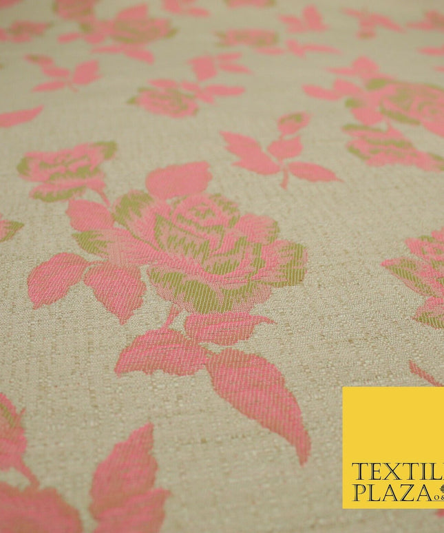 Beige Flo Green Pink Flower Textured Jacquard Floral Dress Fabric 59" Wide