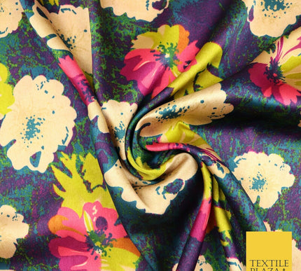 Watercolour Blue Purple Lime Fuchsia Floral Printed Charmeuse Satin Fabric 2941