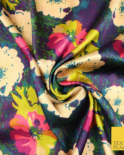 Watercolour Blue Purple Lime Fuchsia Floral Printed Charmeuse Satin Fabric 2941