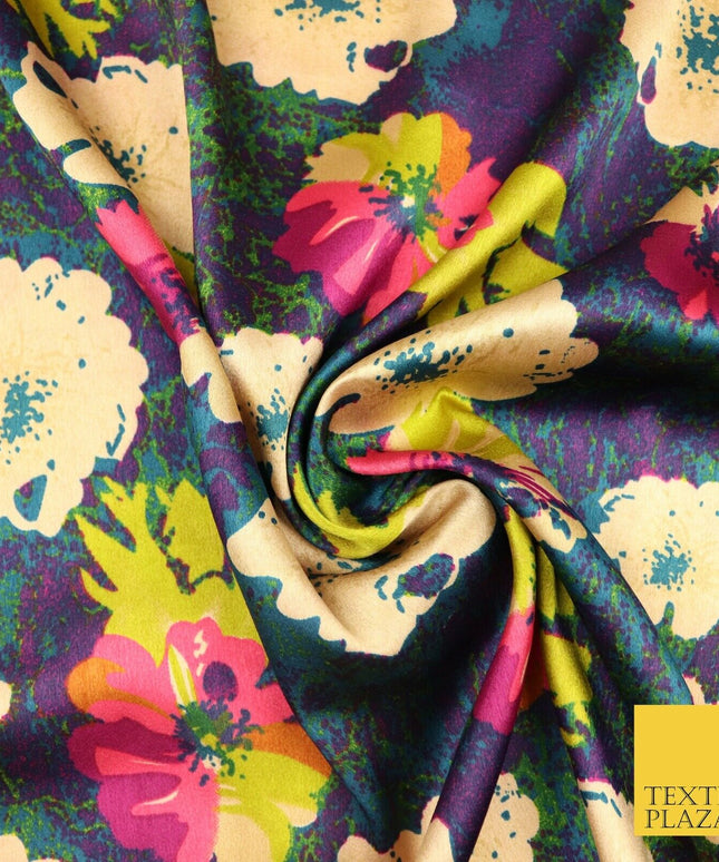 Watercolour Blue Purple Lime Fuchsia Floral Printed Charmeuse Satin Fabric 2941